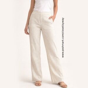 Alberto Makali Lightweight Linen Flat Front Beige White Striped Pant
